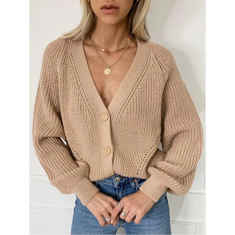 V-Neck Lantern Sleeve Cardigan