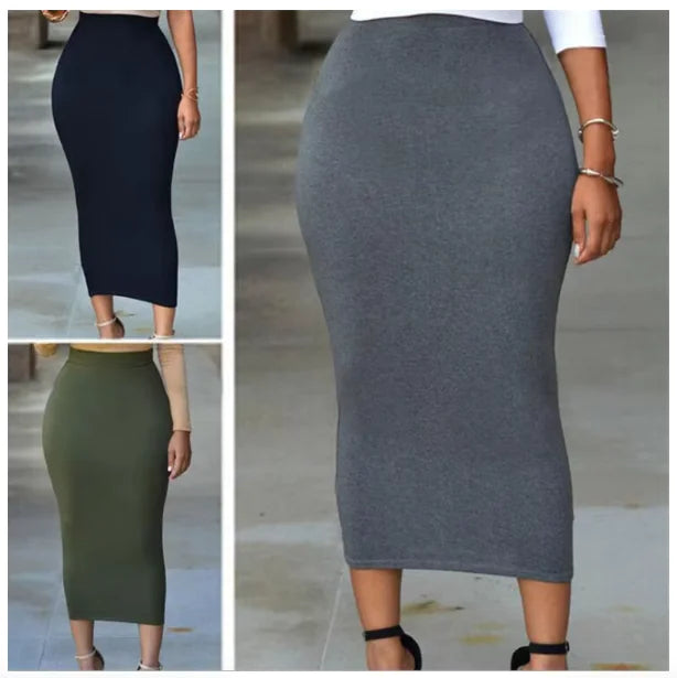 Solid Color Elastic Waist Mid-length Skirt