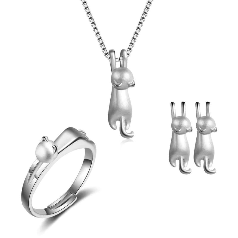 Cute Cat Jewelry Set - Ring - Ear Rings - Necklace