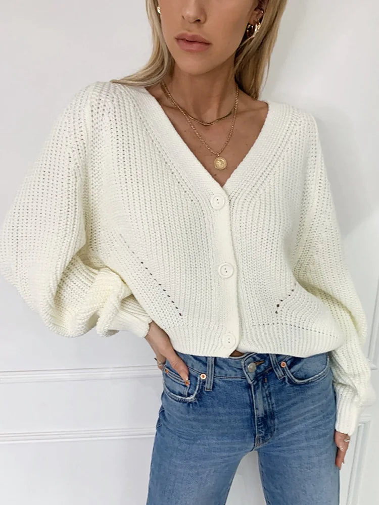 V-Neck Lantern Sleeve Cardigan