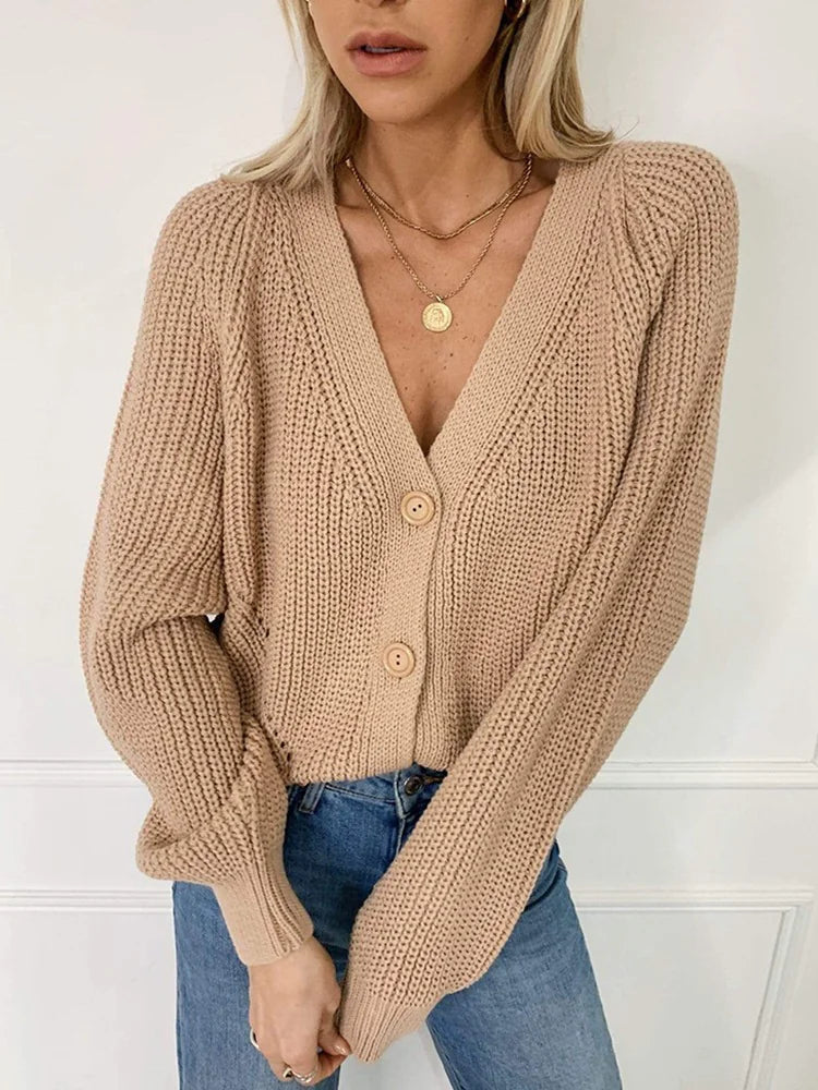 V-Neck Lantern Sleeve Cardigan